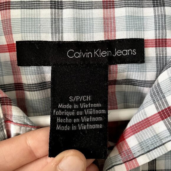 Calvin Klein Jeans red blue black checkered full button down short sleeve cotton - Picture 2 of 6